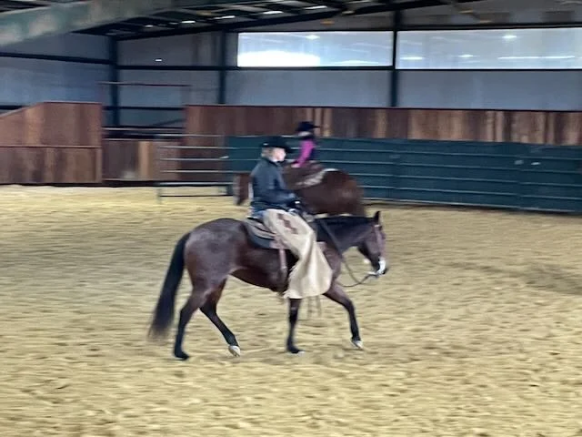 Cutting horse and rider in action during indoor arena training